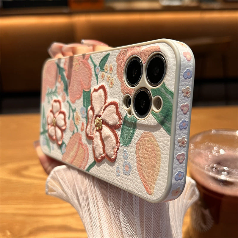 Vintage Embroidered Flower Leather Phone Case