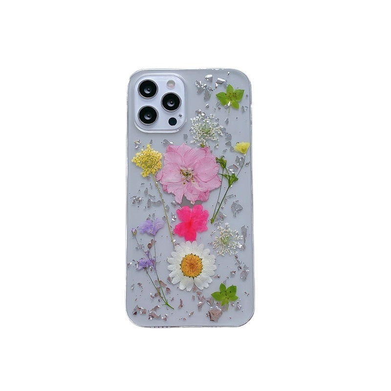 Silver Foil Dried Flowers Mobile Phone Case