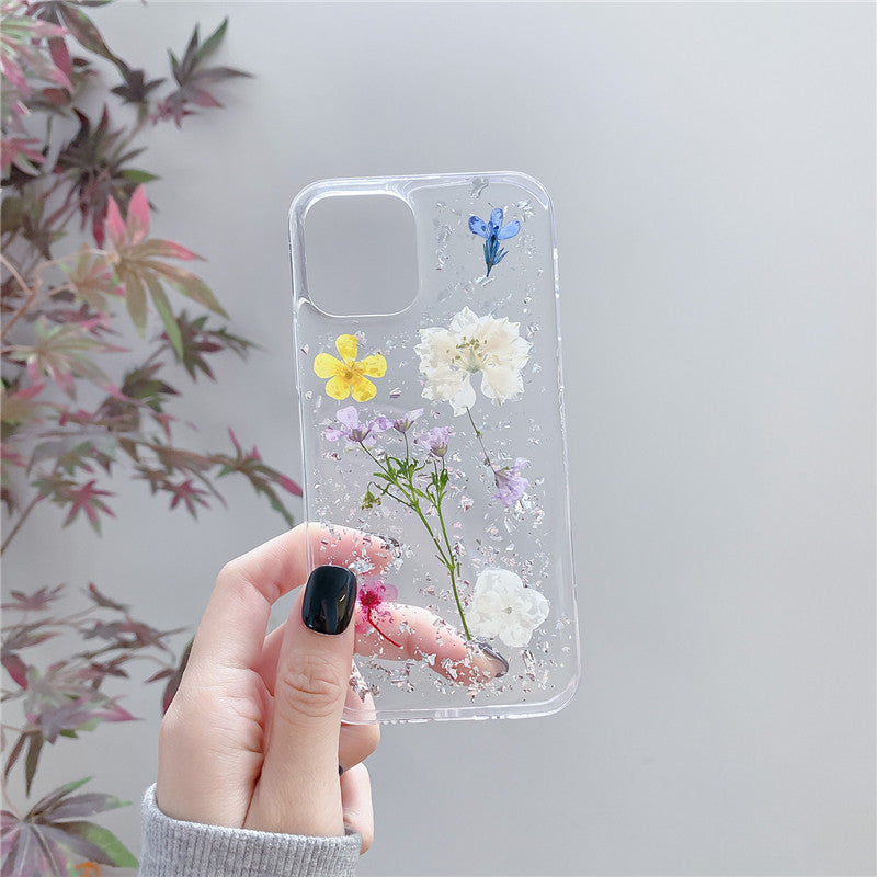 Silver Foil Dried Flowers Mobile Phone Case