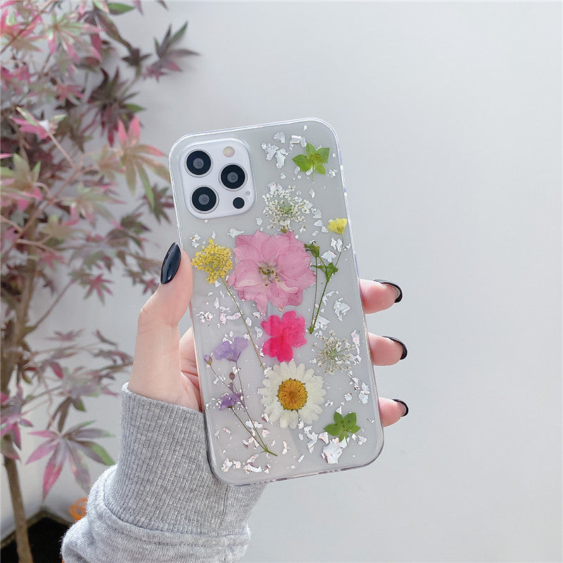 Silver Foil Dried Flowers Mobile Phone Case