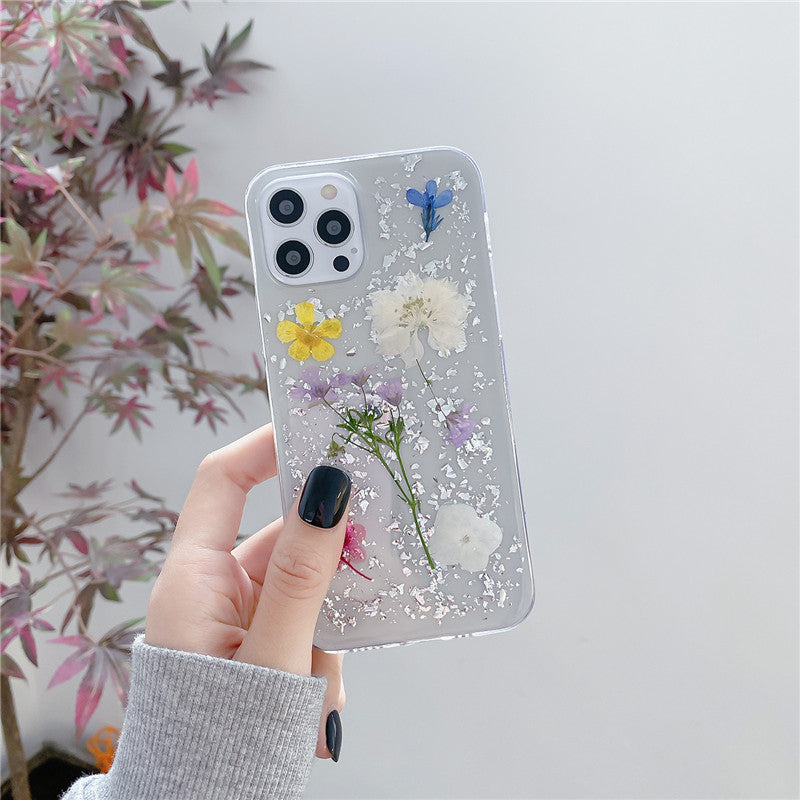 Silver Foil Dried Flowers Mobile Phone Case